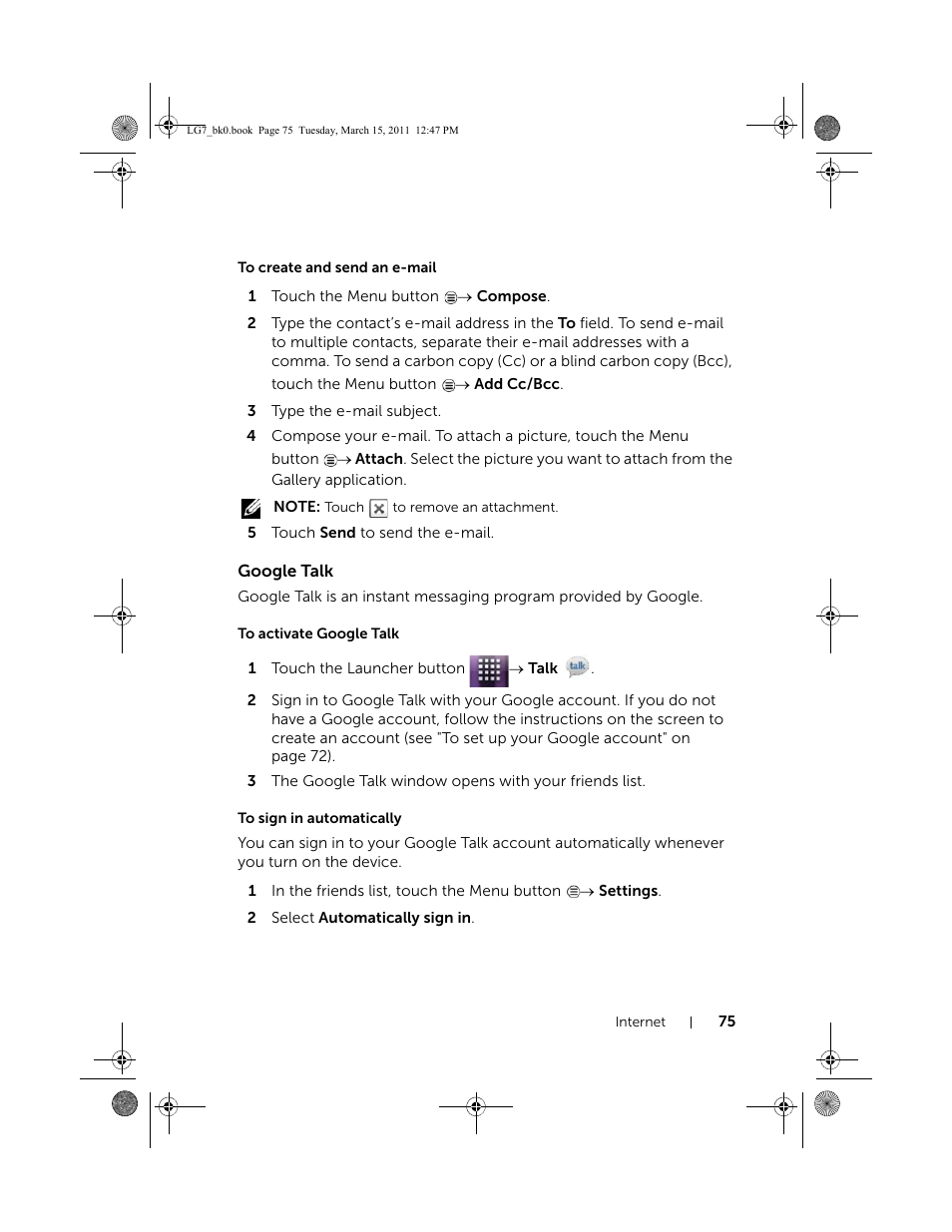 To create and send an e-mail, Google talk, To activate google talk | To sign in automatically | Dell STREAK 7 User Manual | Page 75 / 141