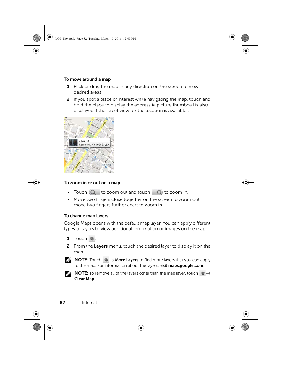 To move around a map, To zoom in or out on a map, To change map layers | Dell STREAK 7 User Manual | Page 82 / 141