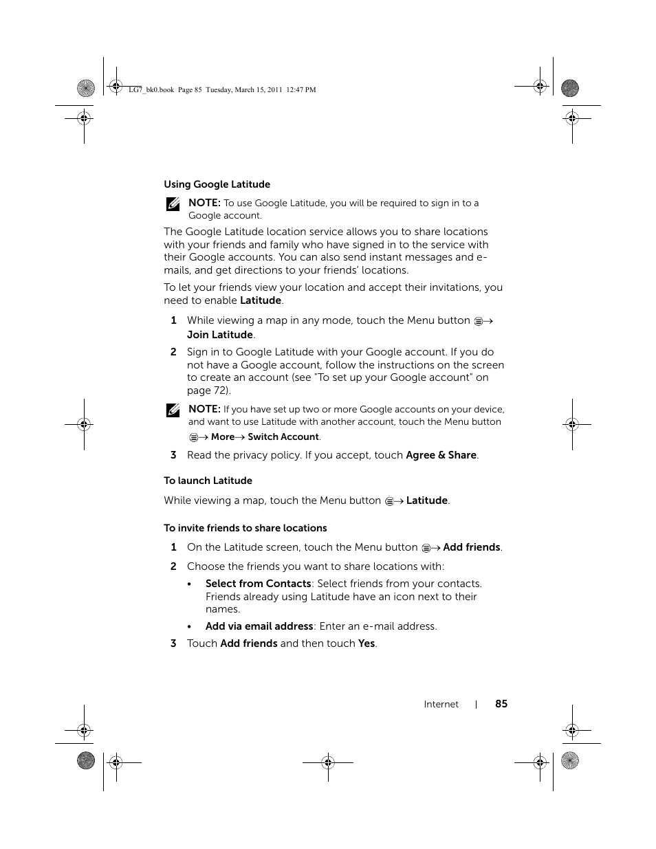 Using google latitude, To launch latitude, To invite friends to share locations | Dell STREAK 7 User Manual | Page 85 / 141