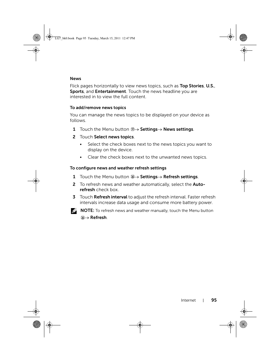 News, To add/remove news topics, To configure news and weather refresh settings | Dell STREAK 7 User Manual | Page 95 / 141