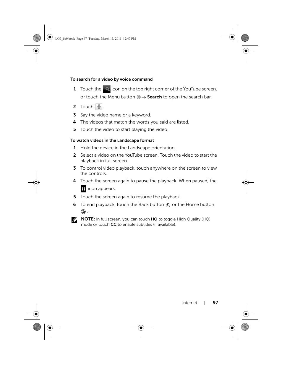 To search for a video by voice command, To watch videos in the landscape format | Dell STREAK 7 User Manual | Page 97 / 141