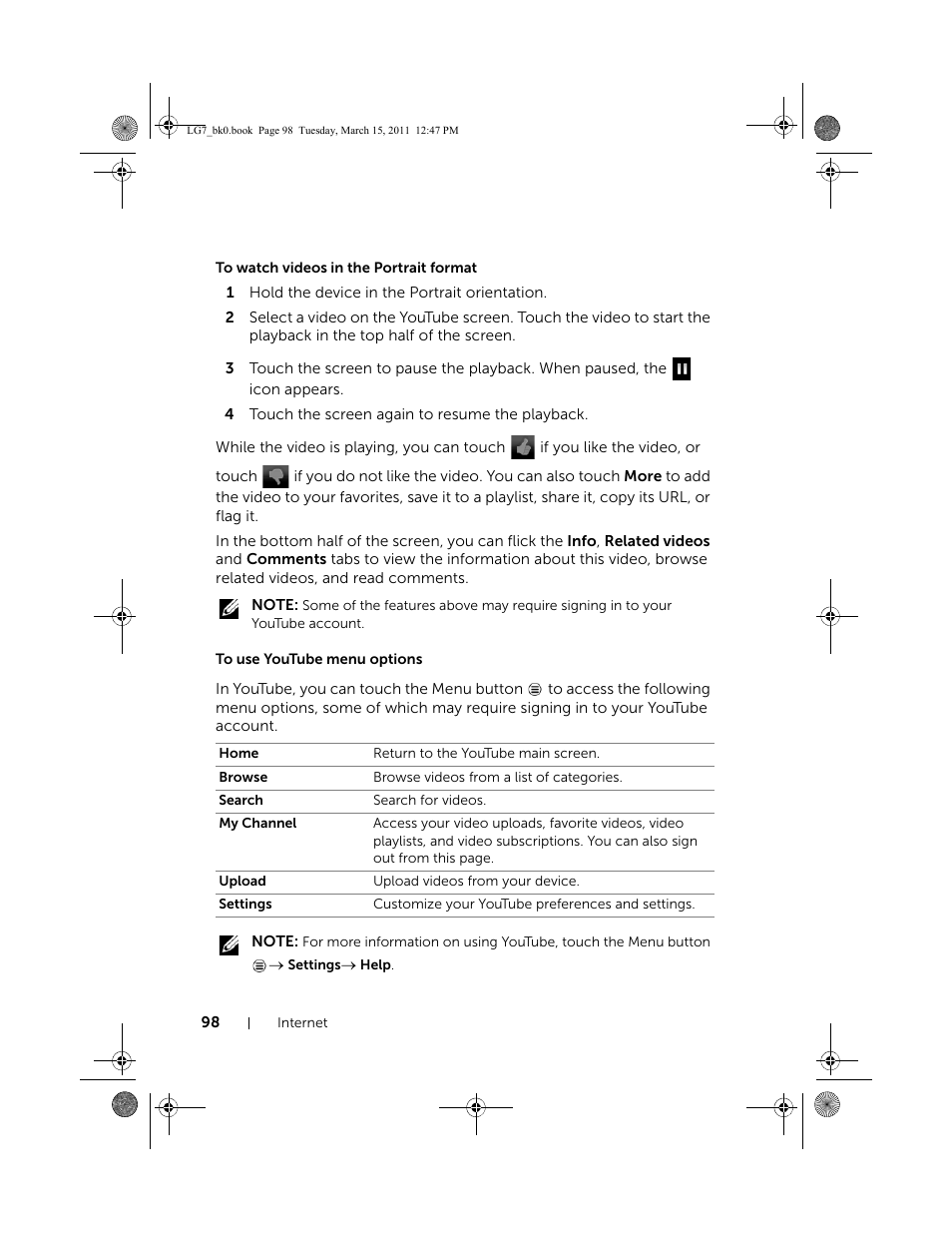 To watch videos in the portrait format, To use youtube menu options | Dell STREAK 7 User Manual | Page 98 / 141