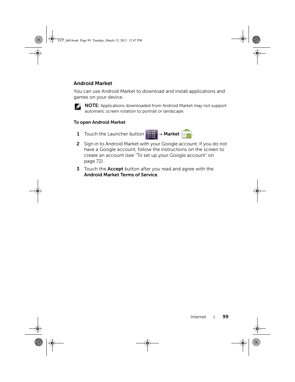 Android market, To open android market | Dell STREAK 7 User Manual | Page 99 / 141