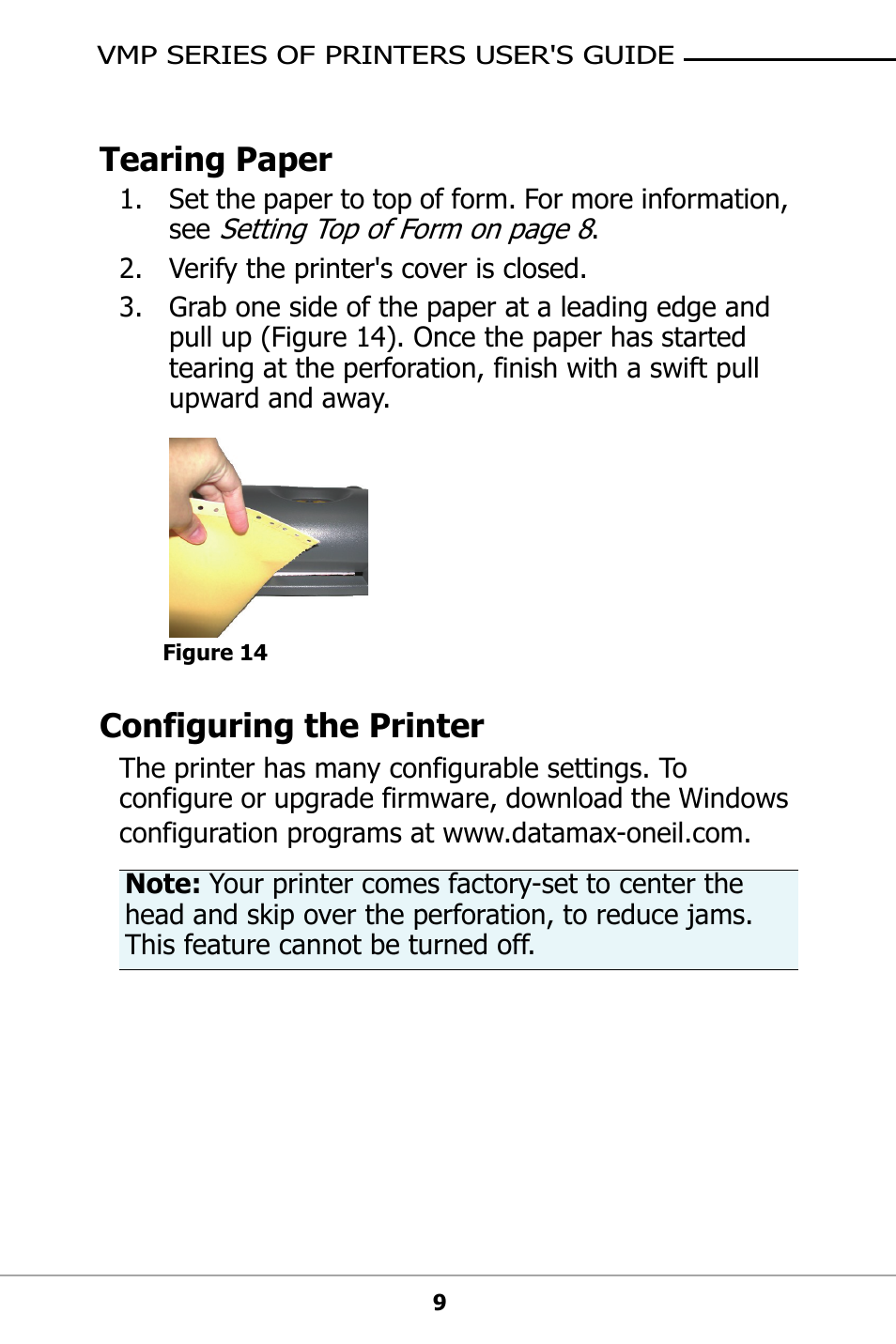Tearing paper, Configuring the printer | Datamax-O'Neil VMP SERIES User Guide User Manual | Page 12 / 20