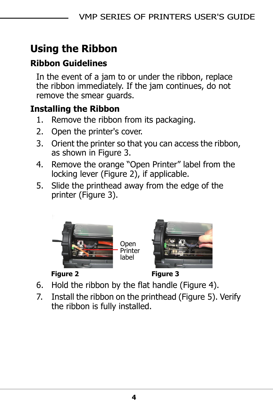 Using the ribbon, Ribbon guidelines, Installing the ribbon | Datamax-O'Neil VMP SERIES User Guide User Manual | Page 7 / 20