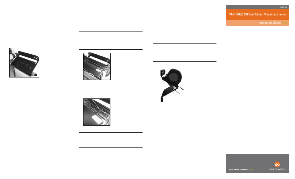 Attaching the printer, Installing paper, Warranty | No liability for negligent use, Mounting the bracket | Datamax-O'Neil VMP-1000_2000 Wall Mount Vibration Bracket User Manual | Page 2 / 2