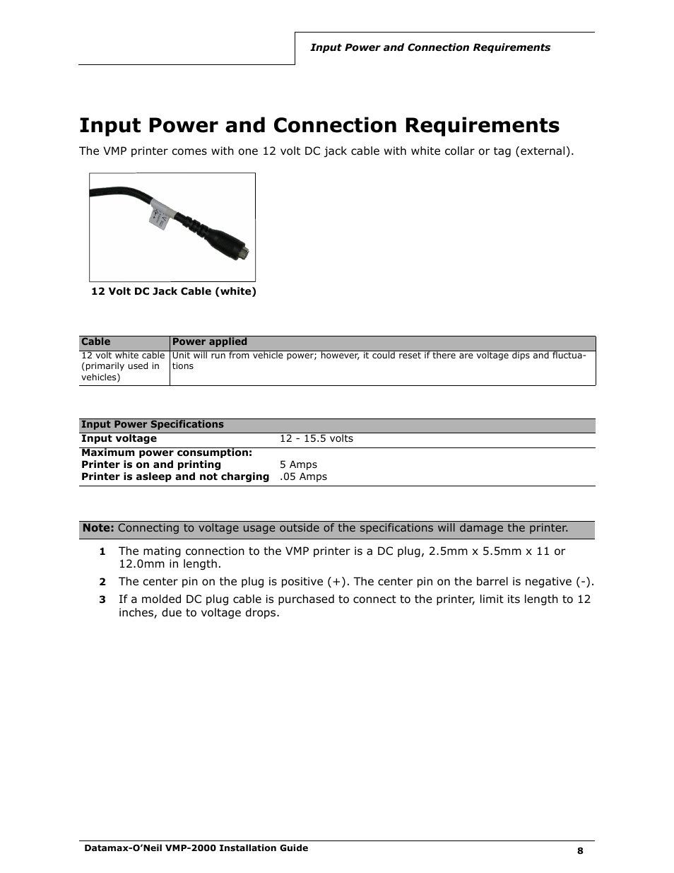 Input power and connection requirements | Datamax-O'Neil VMP-2000 Installation Guide User Manual | Page 10 / 21