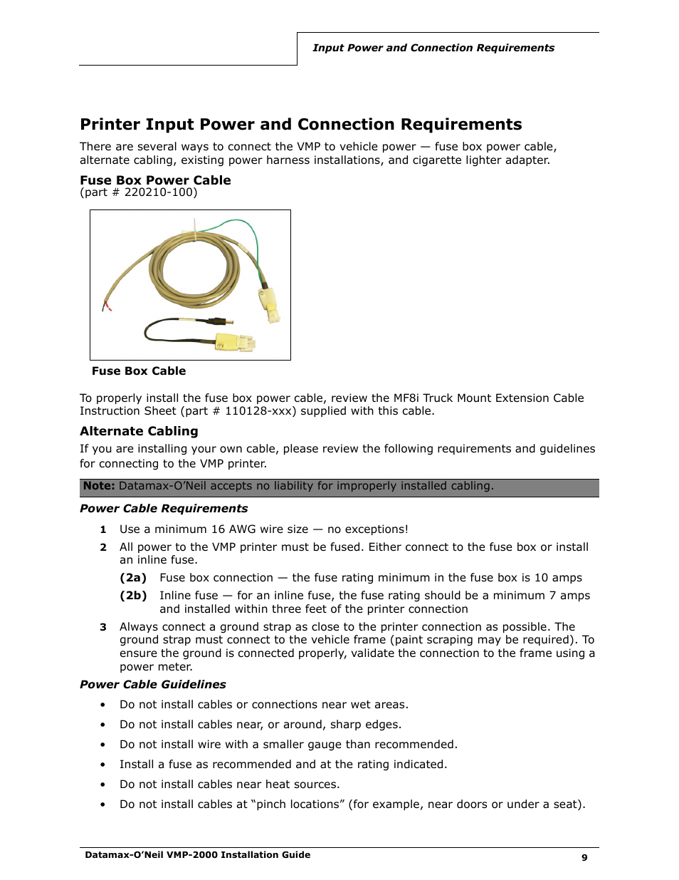 Printer input power and connection requirements, Fuse box power cable (part # 220210-100), Alternate cabling | Datamax-O'Neil VMP-2000 Installation Guide User Manual | Page 11 / 21