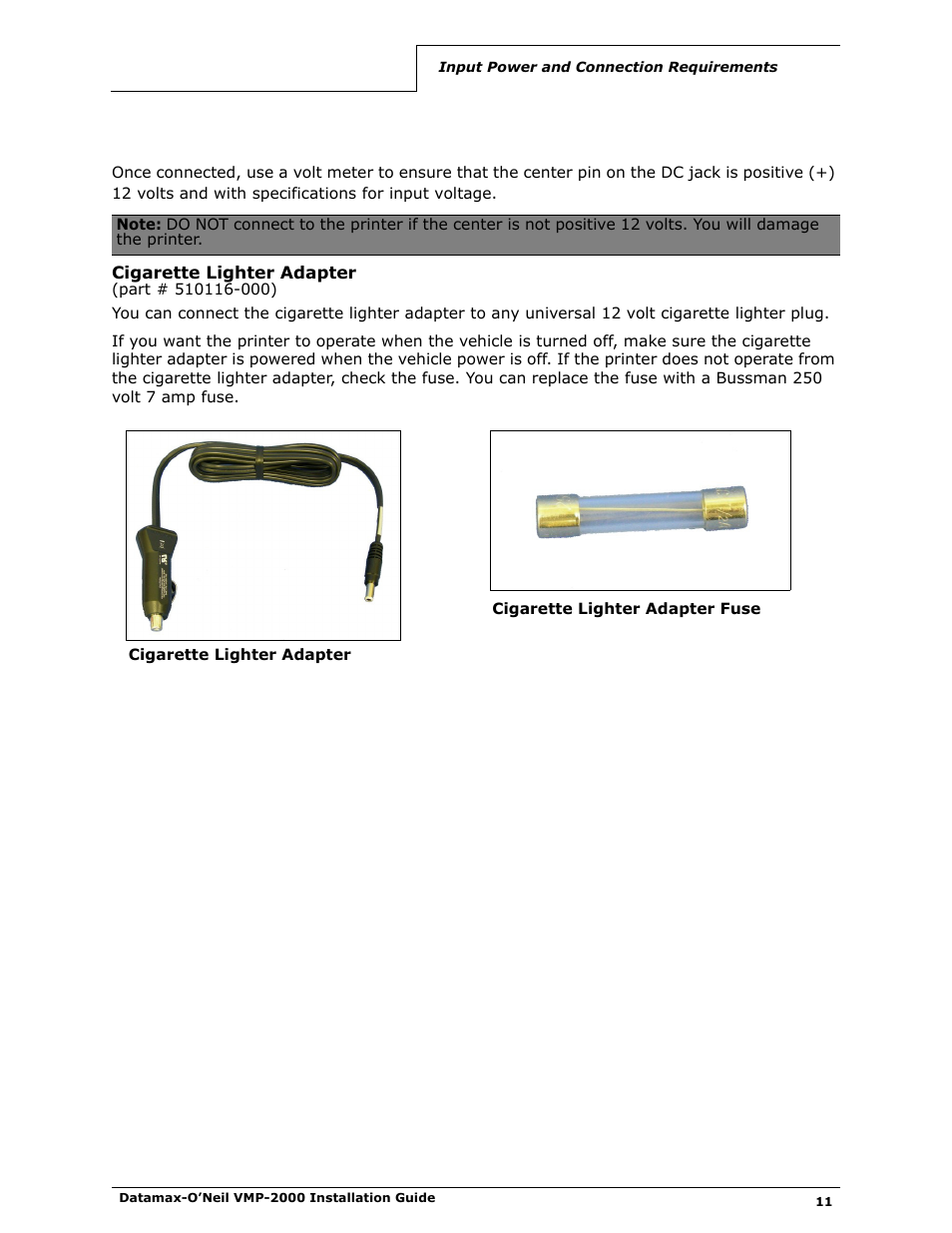 Cigarette lighter adapter (part # 510116-000) | Datamax-O'Neil VMP-2000 Installation Guide User Manual | Page 13 / 21