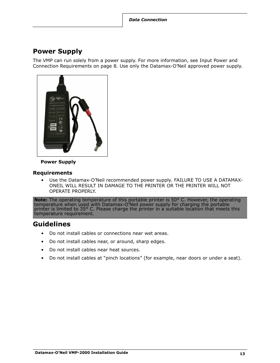 Power supply, Requirements, Guidelines | Datamax-O'Neil VMP-2000 Installation Guide User Manual | Page 15 / 21