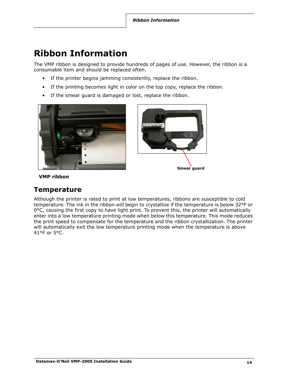 Ribbon information, Temperature | Datamax-O'Neil VMP-2000 Installation Guide User Manual | Page 16 / 21