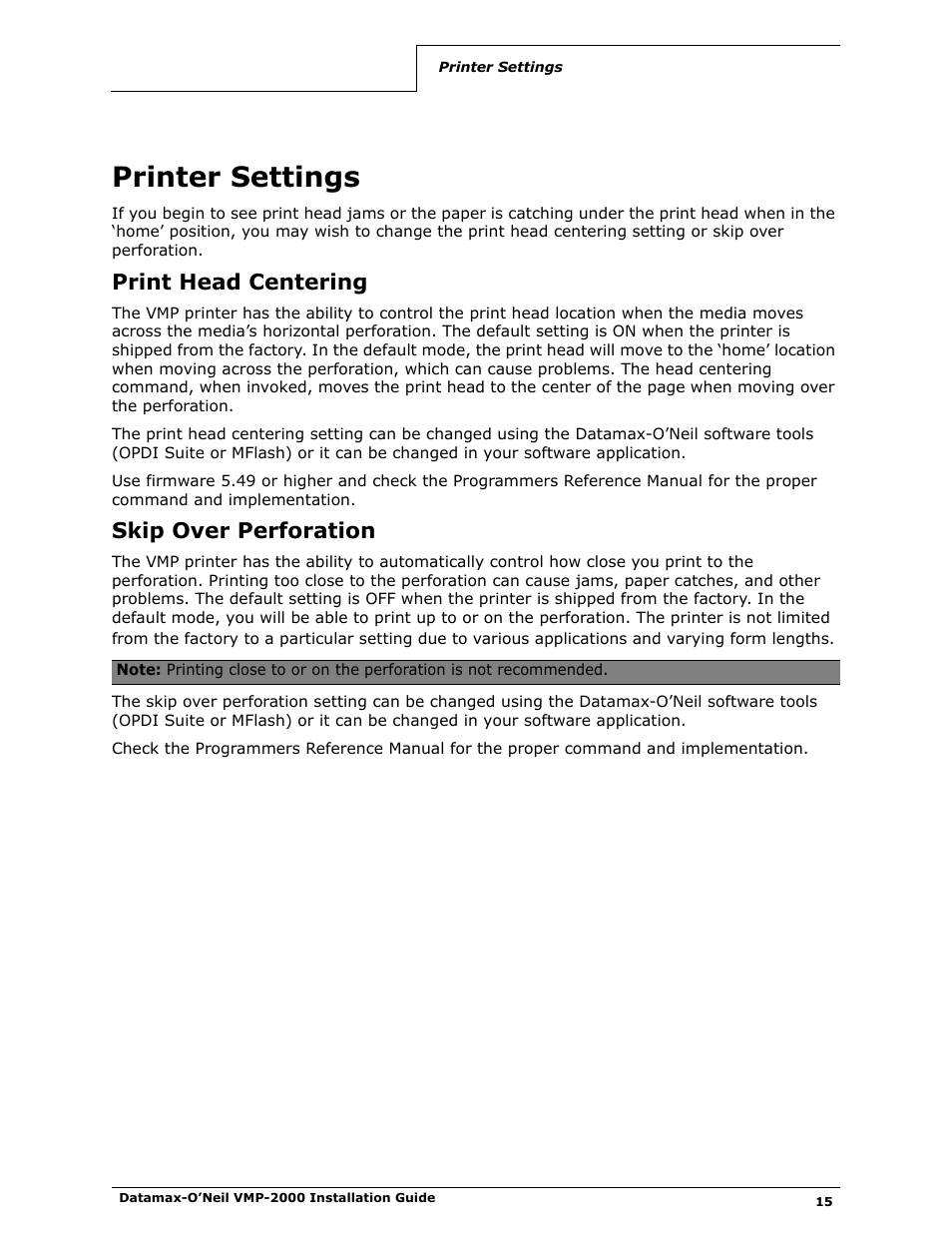 Printer settings, Print head centering, Skip over perforation | Datamax-O'Neil VMP-2000 Installation Guide User Manual | Page 17 / 21