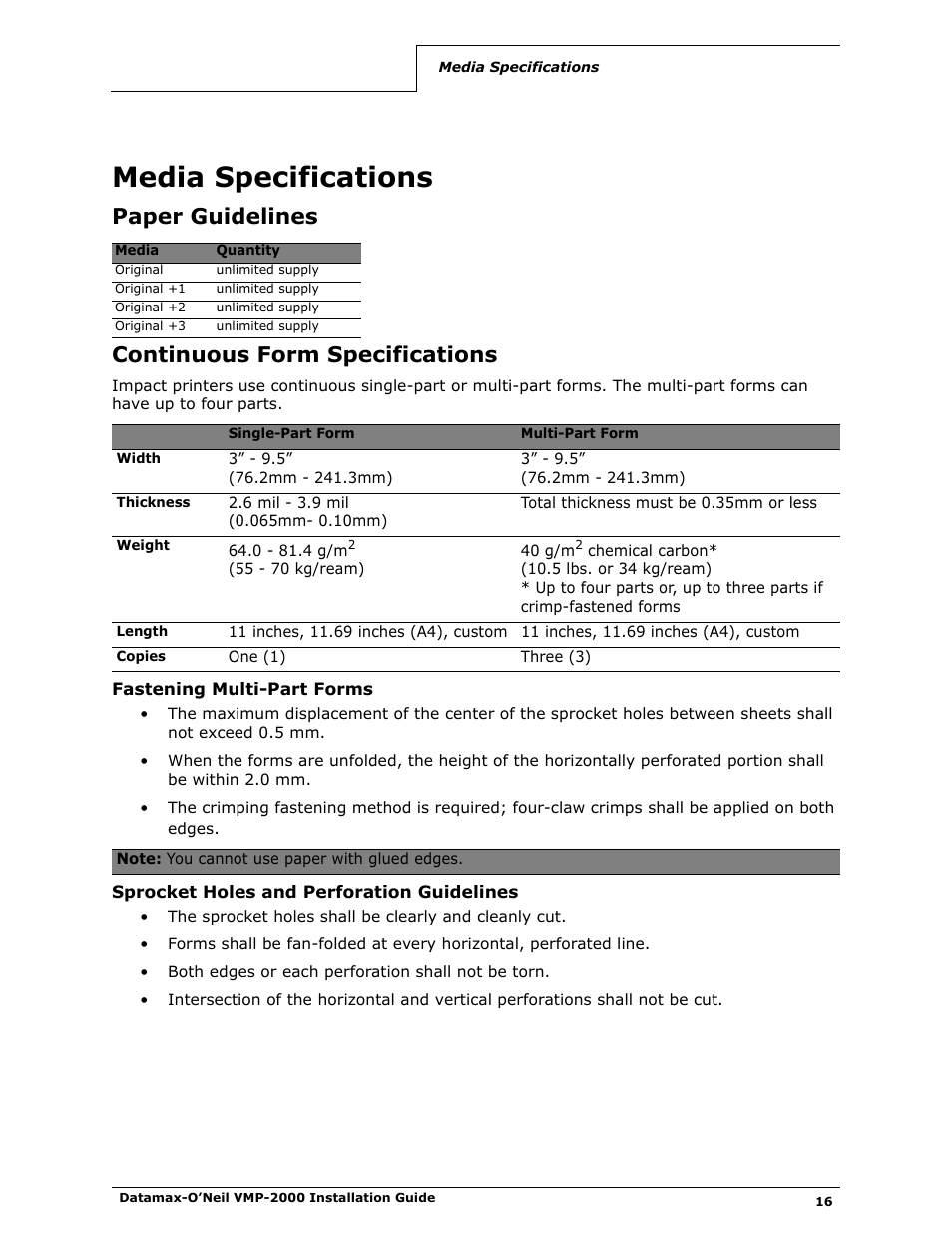 Media specifications, Paper guidelines, Continuous form specifications | Fastening multi-part forms, Sprocket holes and perforation guidelines, Paper guidelines continuous form specifications | Datamax-O'Neil VMP-2000 Installation Guide User Manual | Page 18 / 21