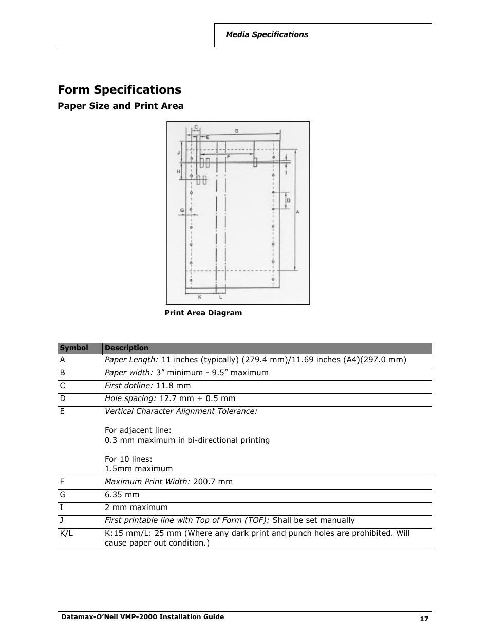 Form specifications, Paper size and print area | Datamax-O'Neil VMP-2000 Installation Guide User Manual | Page 19 / 21