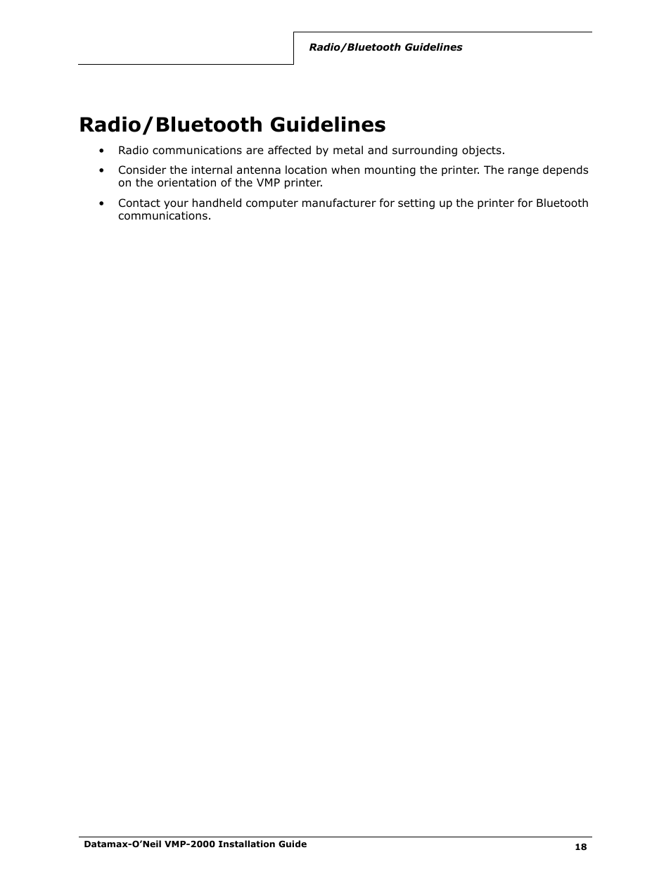 Radio/bluetooth guidelines | Datamax-O'Neil VMP-2000 Installation Guide User Manual | Page 20 / 21