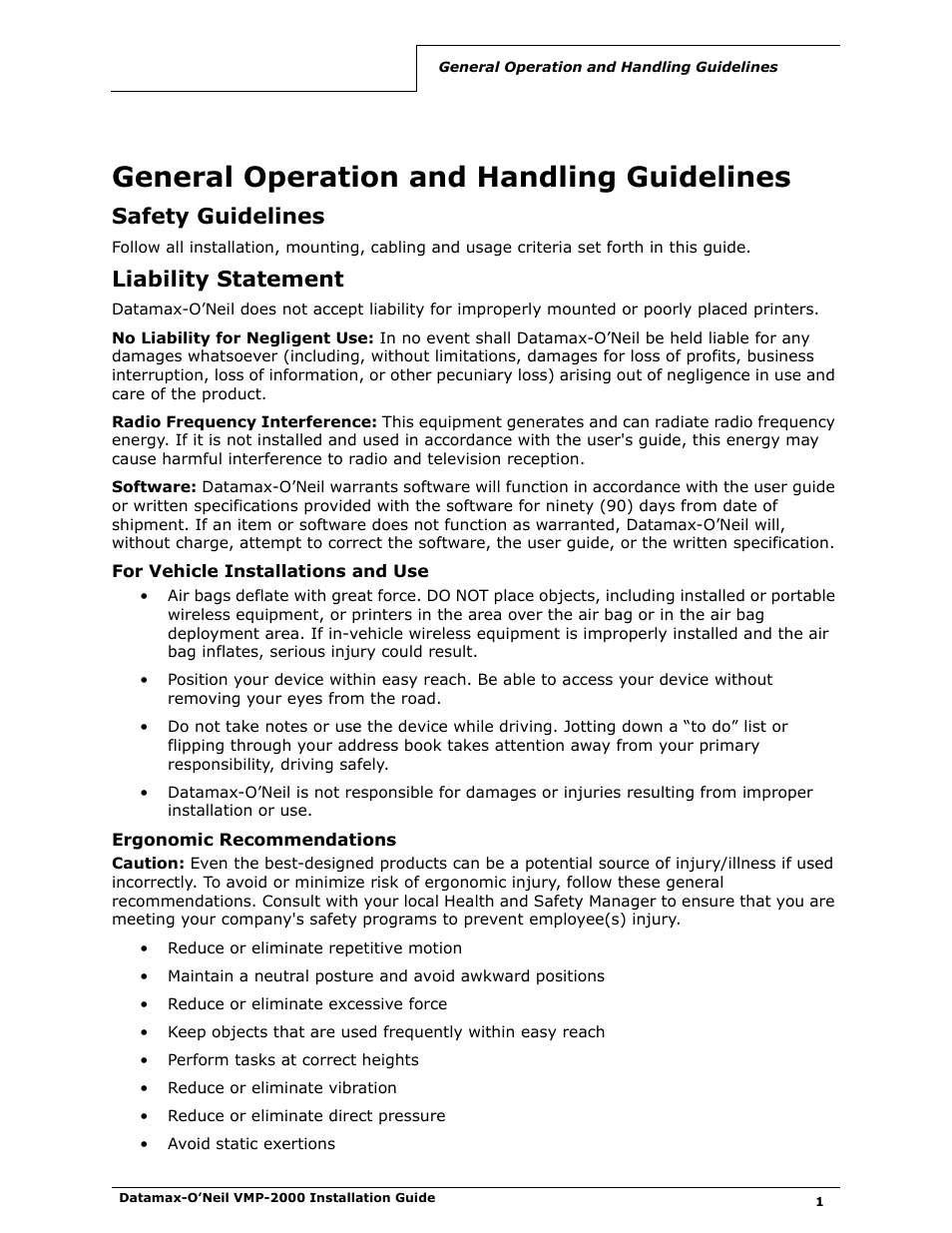 General operation and handling guidelines, Safety guidelines, Liability statement | For vehicle installations and use, Ergonomic recommendations | Datamax-O'Neil VMP-2000 Installation Guide User Manual | Page 3 / 21