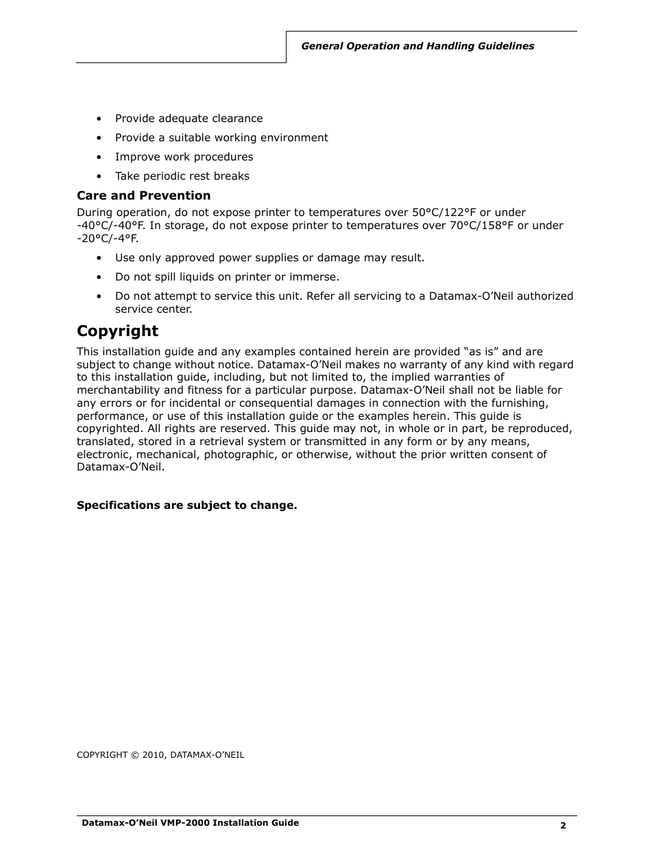 Care and prevention, Copyright | Datamax-O'Neil VMP-2000 Installation Guide User Manual | Page 4 / 21
