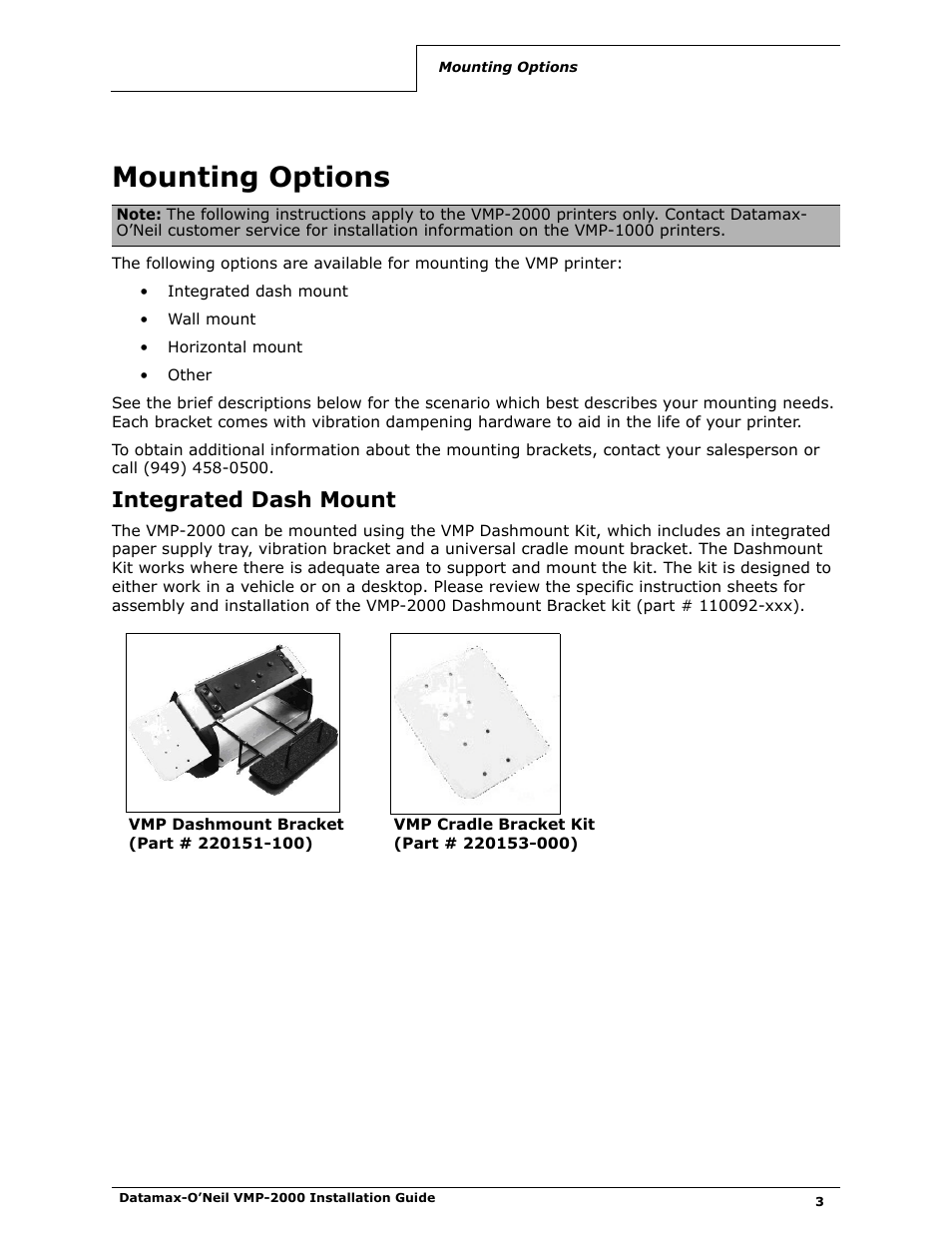 Mounting options, Integrated dash mount | Datamax-O'Neil VMP-2000 Installation Guide User Manual | Page 5 / 21