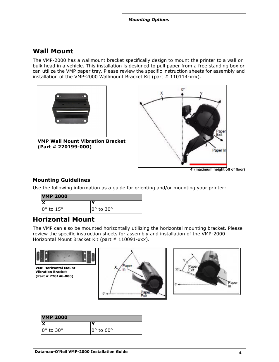 Wall mount, Mounting guidelines, Horizontal mount | Datamax-O'Neil VMP-2000 Installation Guide User Manual | Page 6 / 21