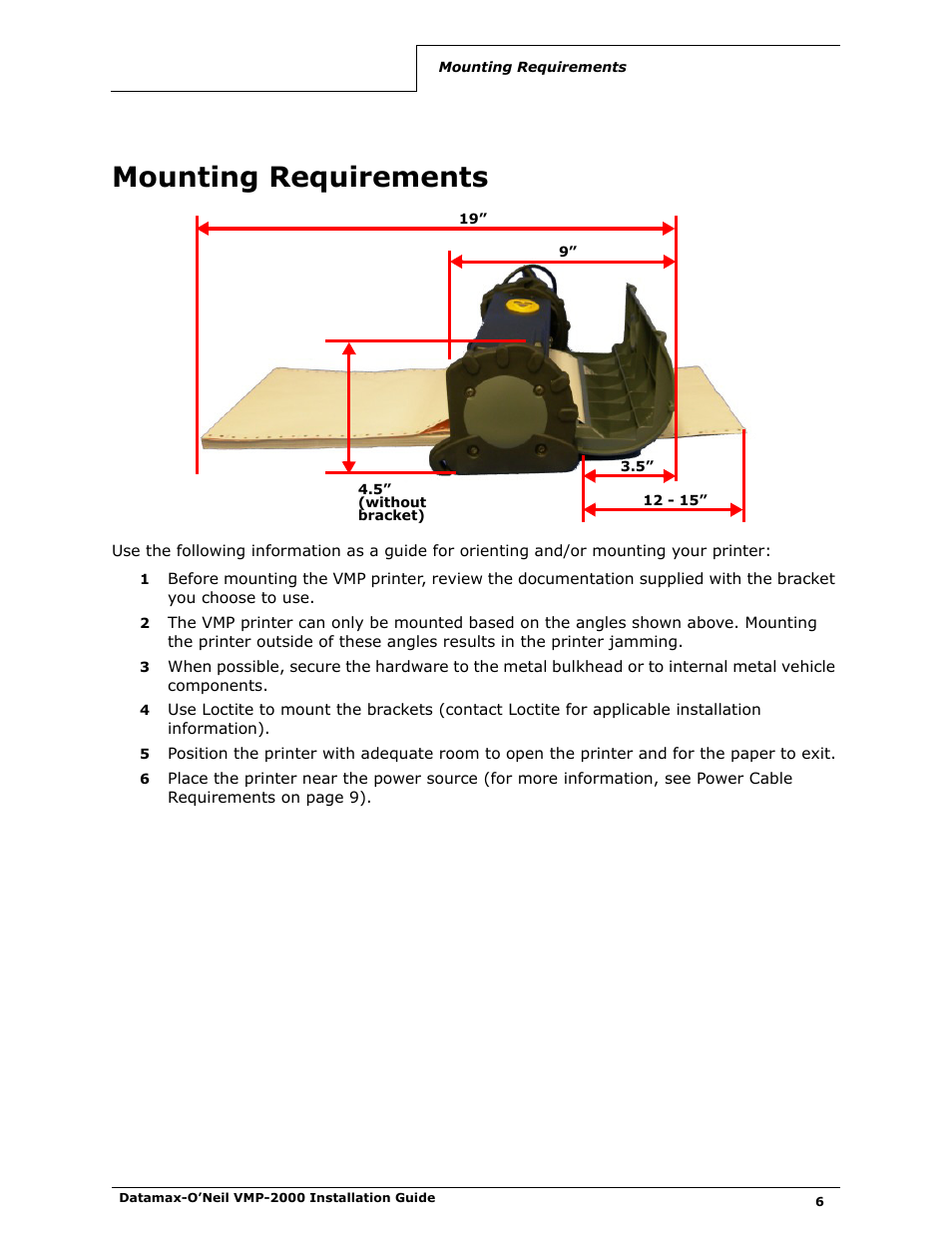 Mounting requirements | Datamax-O'Neil VMP-2000 Installation Guide User Manual | Page 8 / 21