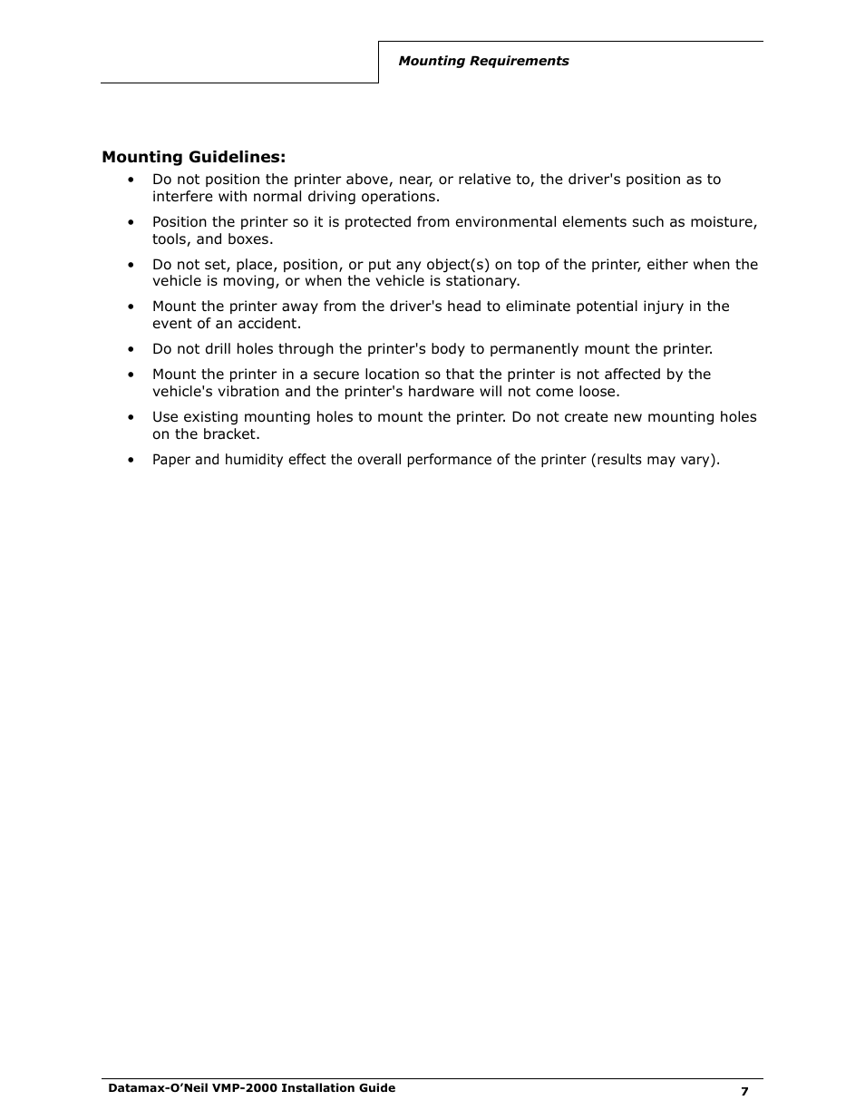 Mounting guidelines | Datamax-O'Neil VMP-2000 Installation Guide User Manual | Page 9 / 21