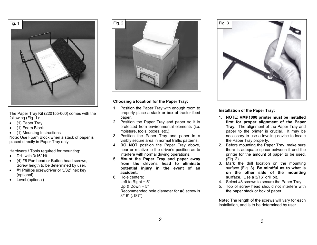 Datamax-O'Neil VMP-1000 Paper Tray User Manual | 2 pages