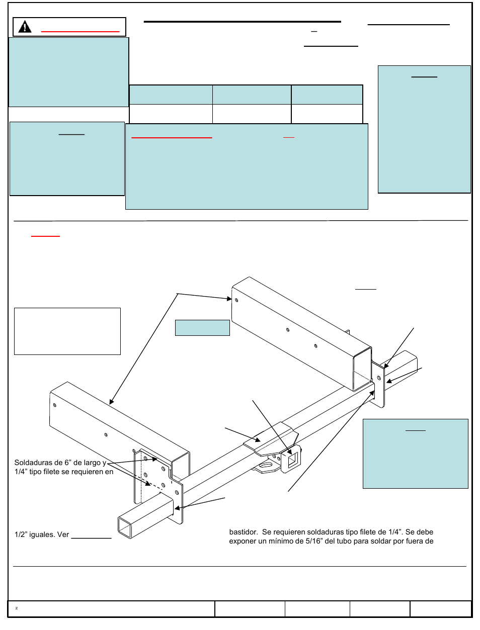 Instrucciones de instalación, Enganche de carrocería de servicio – tubo largo, Número de parte | Advertencia, Nota | Draw-Tite 41991 SERVICE BODY RECEIVER User Manual | Page 3 / 6