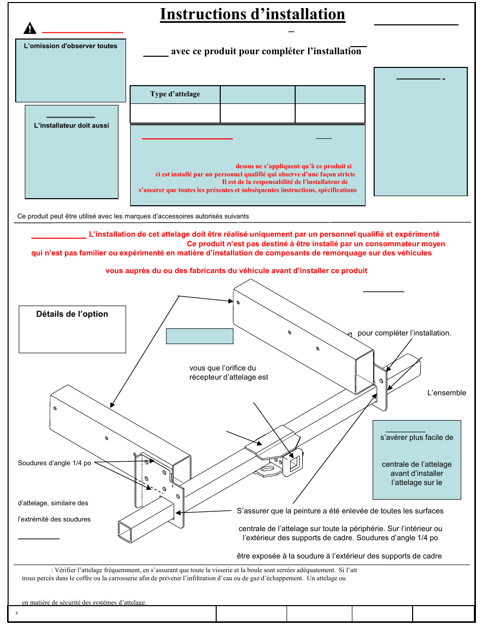 Instructions d’installation, Attelage de carrosserie-atelier – tubulure long, Numéro de pièce | Remarque, Avertissement | Draw-Tite 41991 SERVICE BODY RECEIVER User Manual | Page 5 / 6