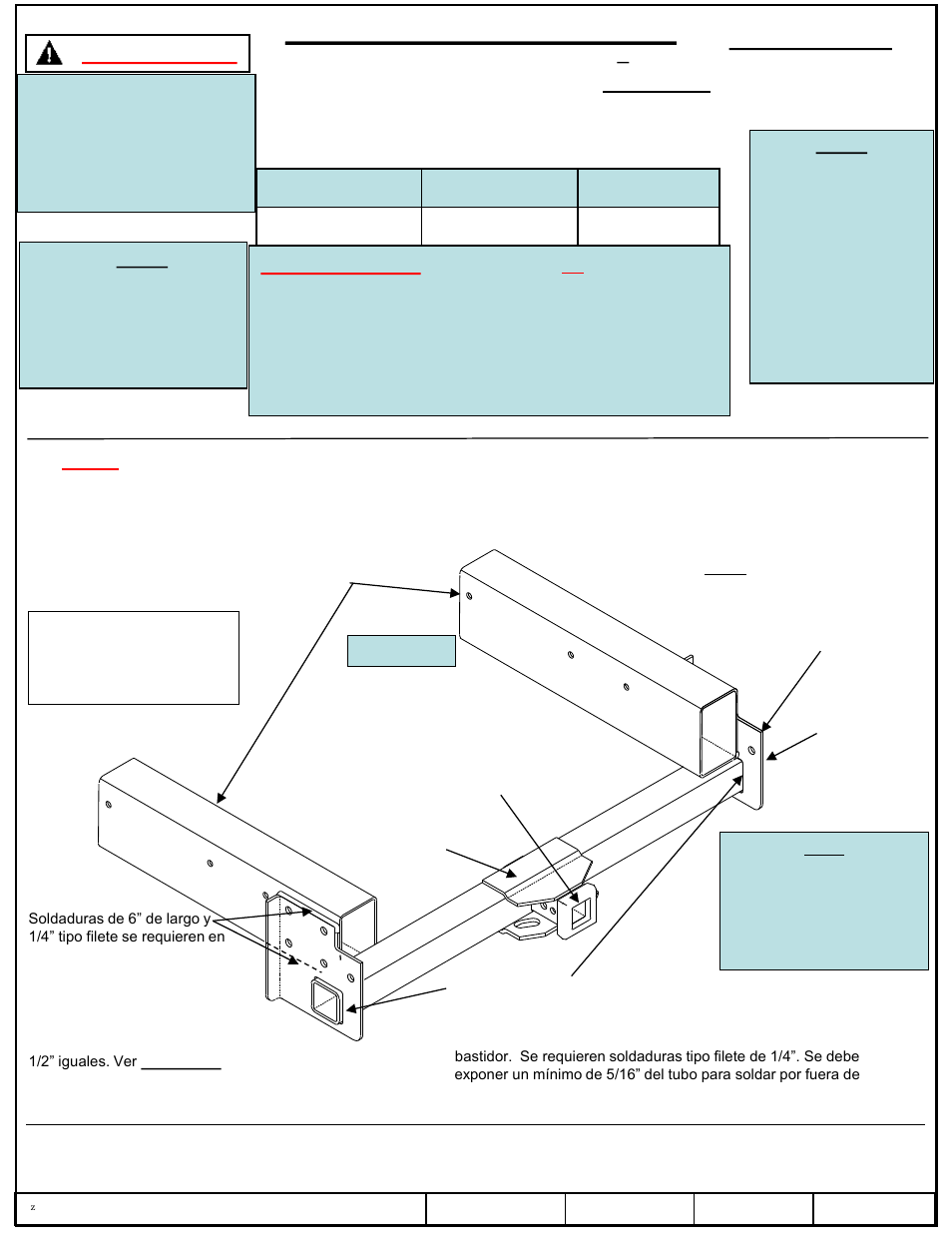 Instrucciones de instalación, Enganche de carrocería de servicio – tubo largo, Número de parte | Advertencia, Nota | Draw-Tite 41990 SERVICE BODY RECEIVER User Manual | Page 3 / 6