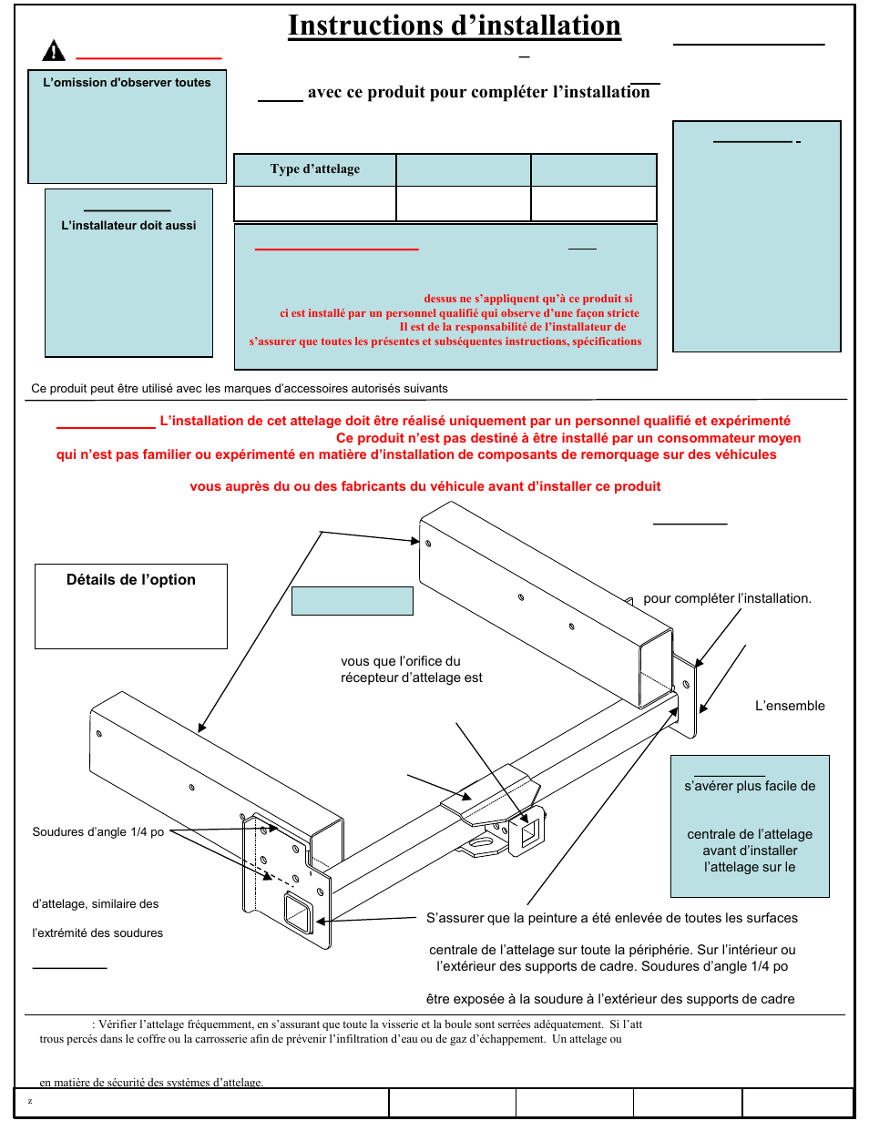 Instructions d’installation, Attelage de carrosserie-atelier – tubulure long, Numéro de pièce | Remarque, Avertissement | Draw-Tite 41990 SERVICE BODY RECEIVER User Manual | Page 5 / 6