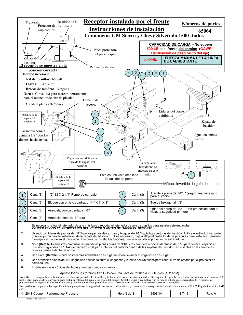 Camionetas gm sierra y chevy silverado 1500 -todos, Números de partes | Draw-Tite 65064 FRONT MOUNT RECEIVER User Manual | Page 3 / 3