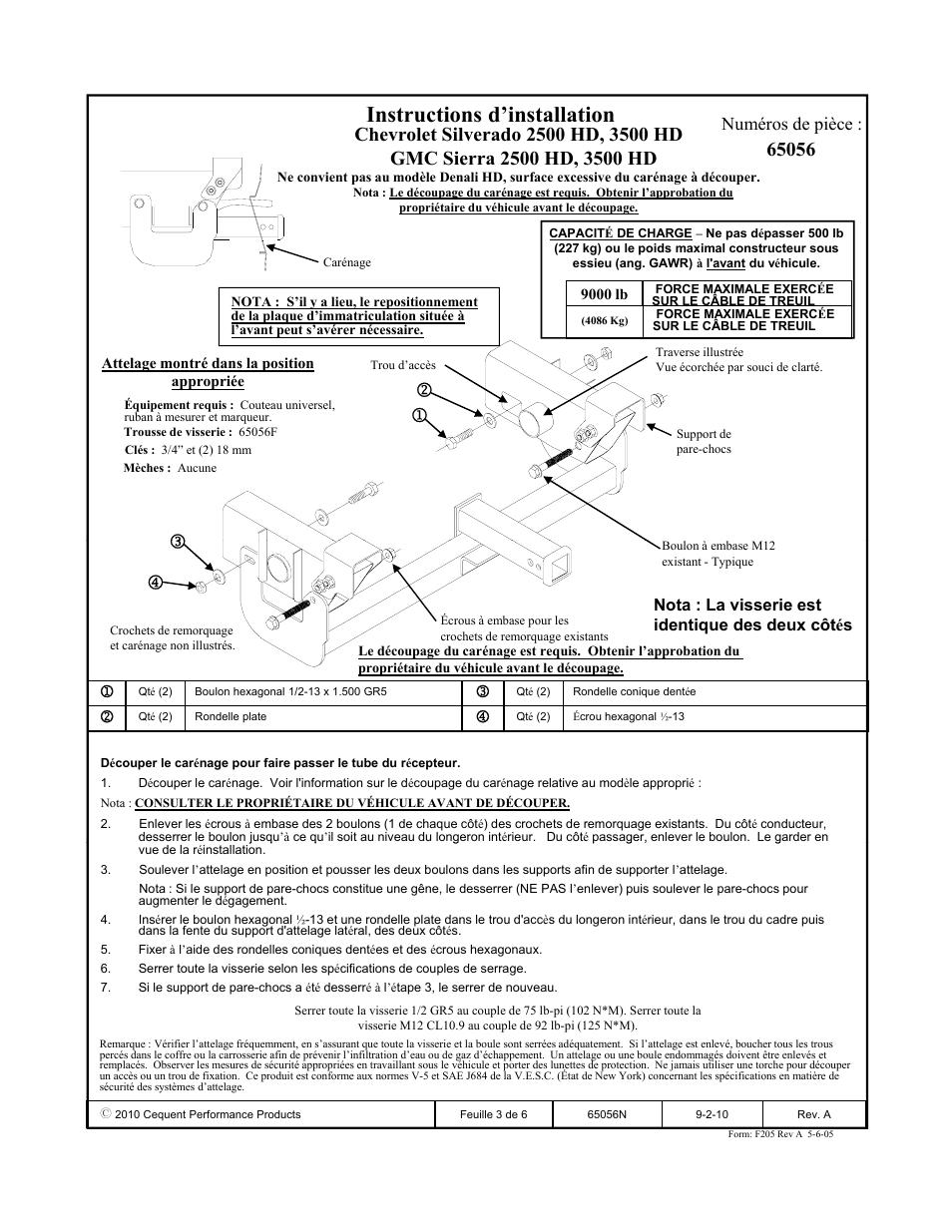 Instructions d’installation, Numéros de pièce | Draw-Tite 65056 FRONT MOUNT RECEIVER User Manual | Page 3 / 6