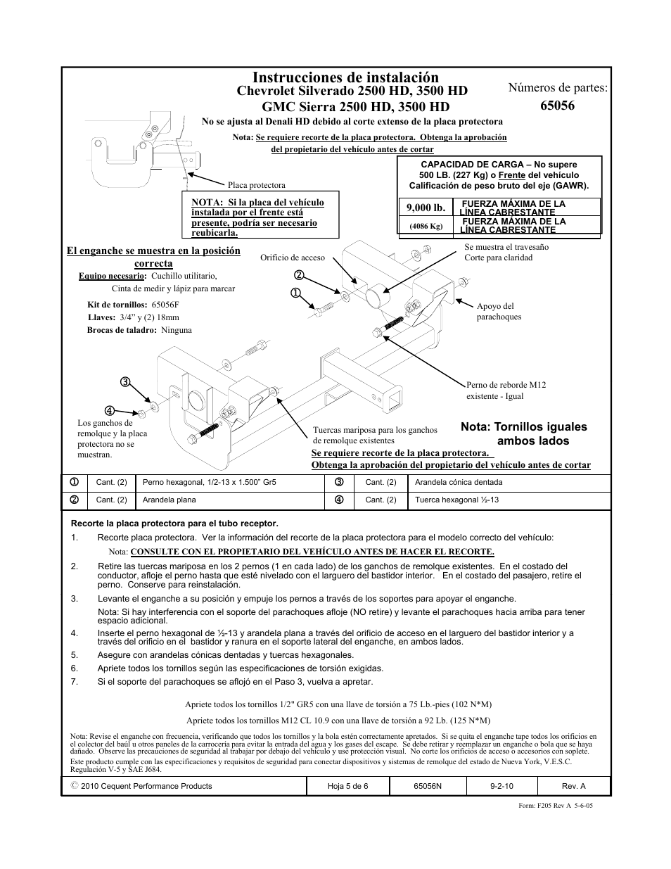 Instrucciones de instalación, Números de partes | Draw-Tite 65056 FRONT MOUNT RECEIVER User Manual | Page 5 / 6