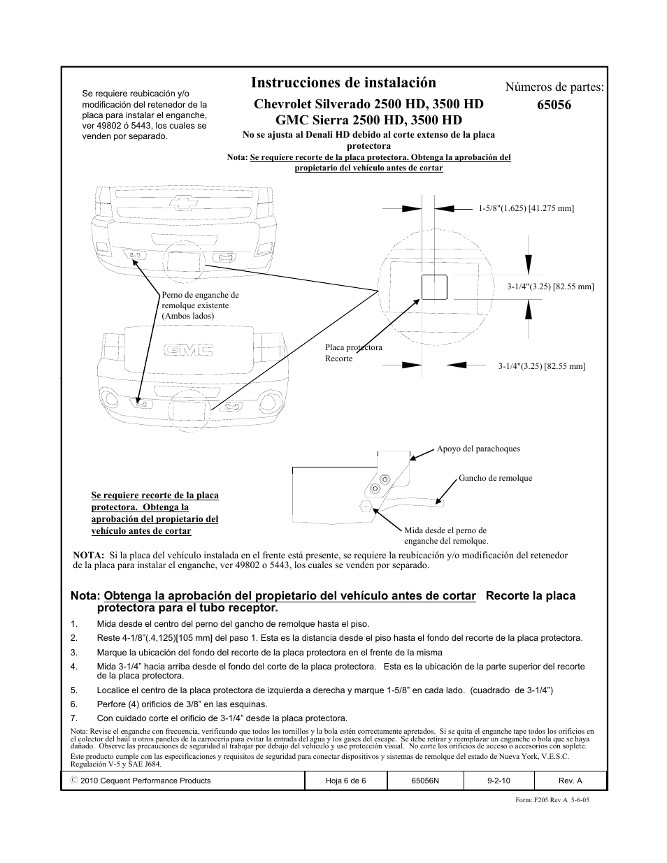 Instrucciones de instalación, Números de partes | Draw-Tite 65056 FRONT MOUNT RECEIVER User Manual | Page 6 / 6