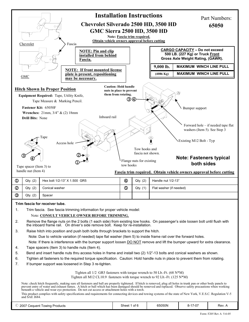 Draw-Tite 65050 FRONT MOUNT RECEIVER User Manual | 6 pages
