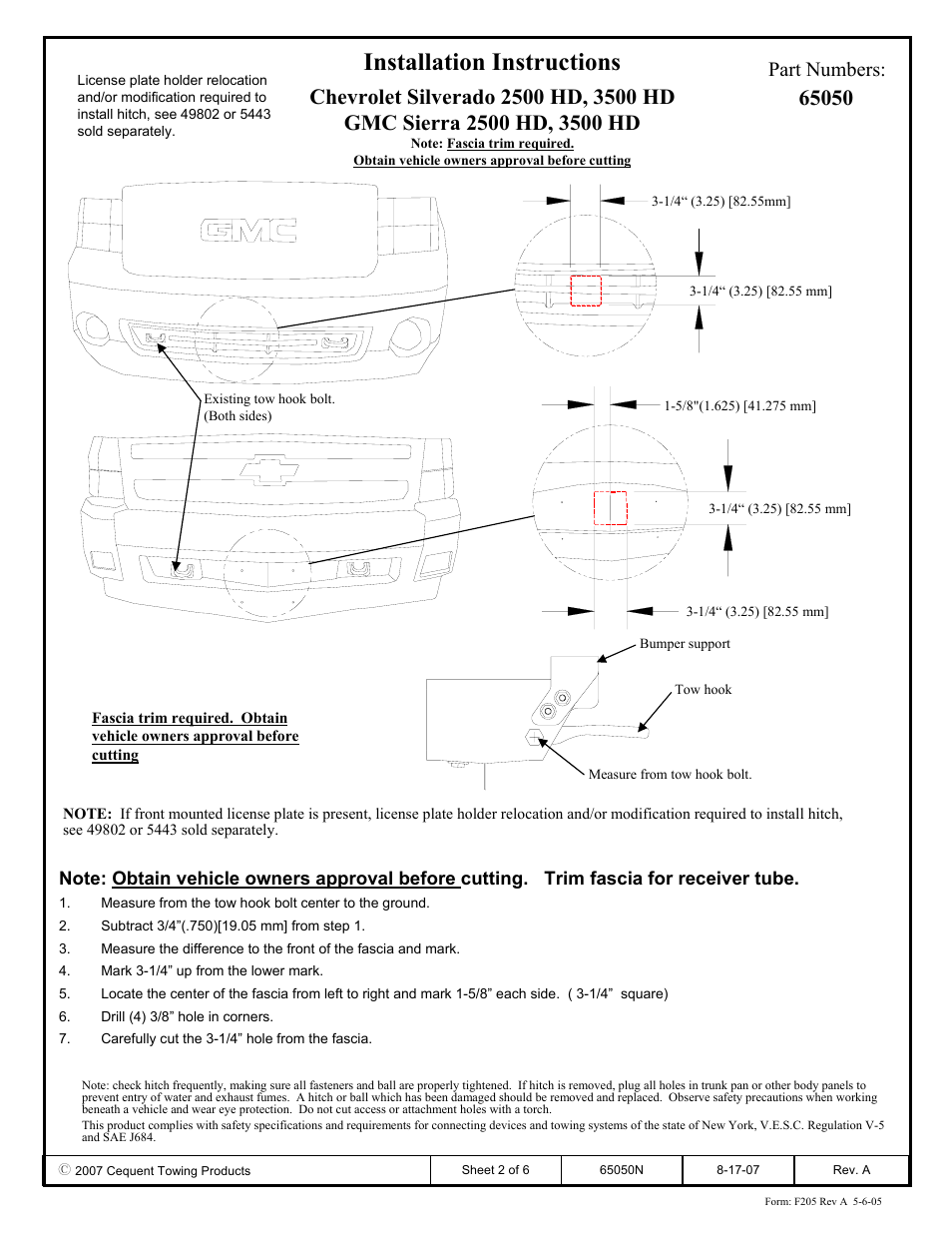 Installation instructions, Part numbers | Draw-Tite 65050 FRONT MOUNT RECEIVER User Manual | Page 2 / 6