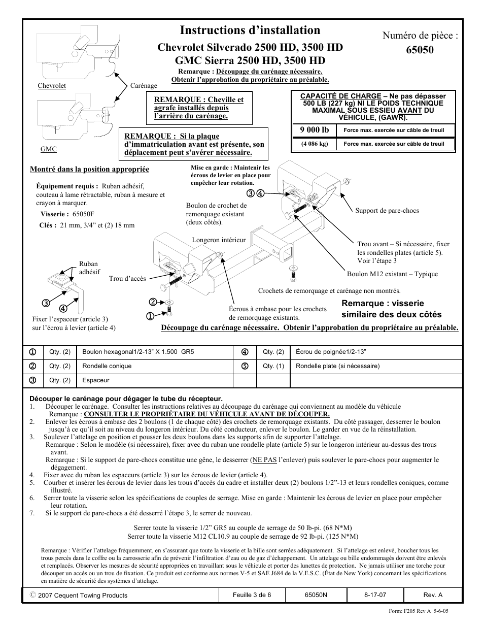 Instructions d’installation, Numéro de pièce | Draw-Tite 65050 FRONT MOUNT RECEIVER User Manual | Page 3 / 6
