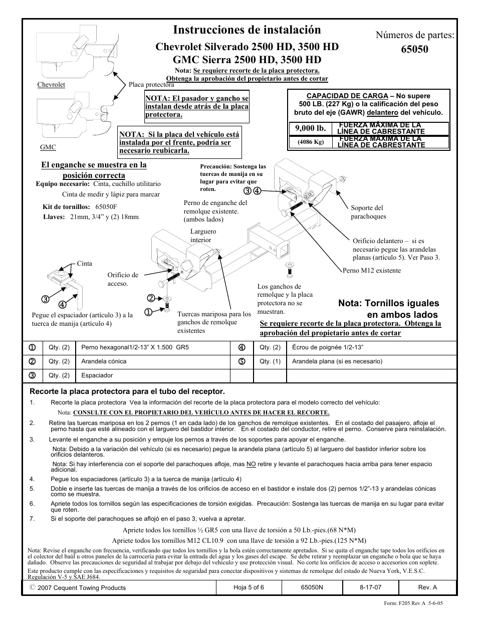 Instrucciones de instalación, Números de partes, Nota: tornillos iguales en ambos lados | Draw-Tite 65050 FRONT MOUNT RECEIVER User Manual | Page 5 / 6