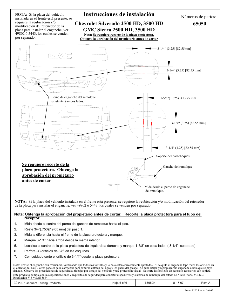 Instrucciones de instalación, Números de partes | Draw-Tite 65050 FRONT MOUNT RECEIVER User Manual | Page 6 / 6