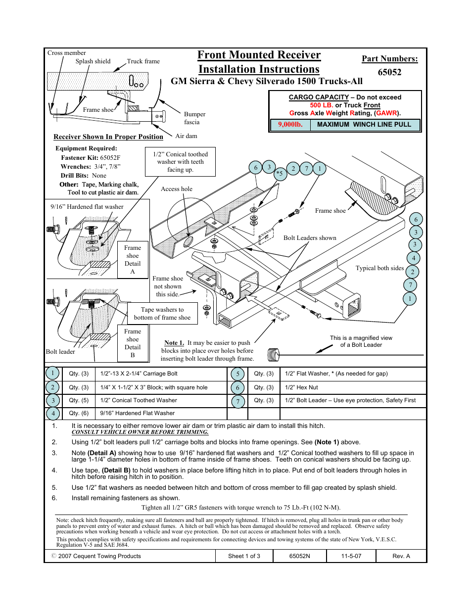 Draw-Tite 65052 FRONT MOUNT RECEIVER User Manual | 3 pages
