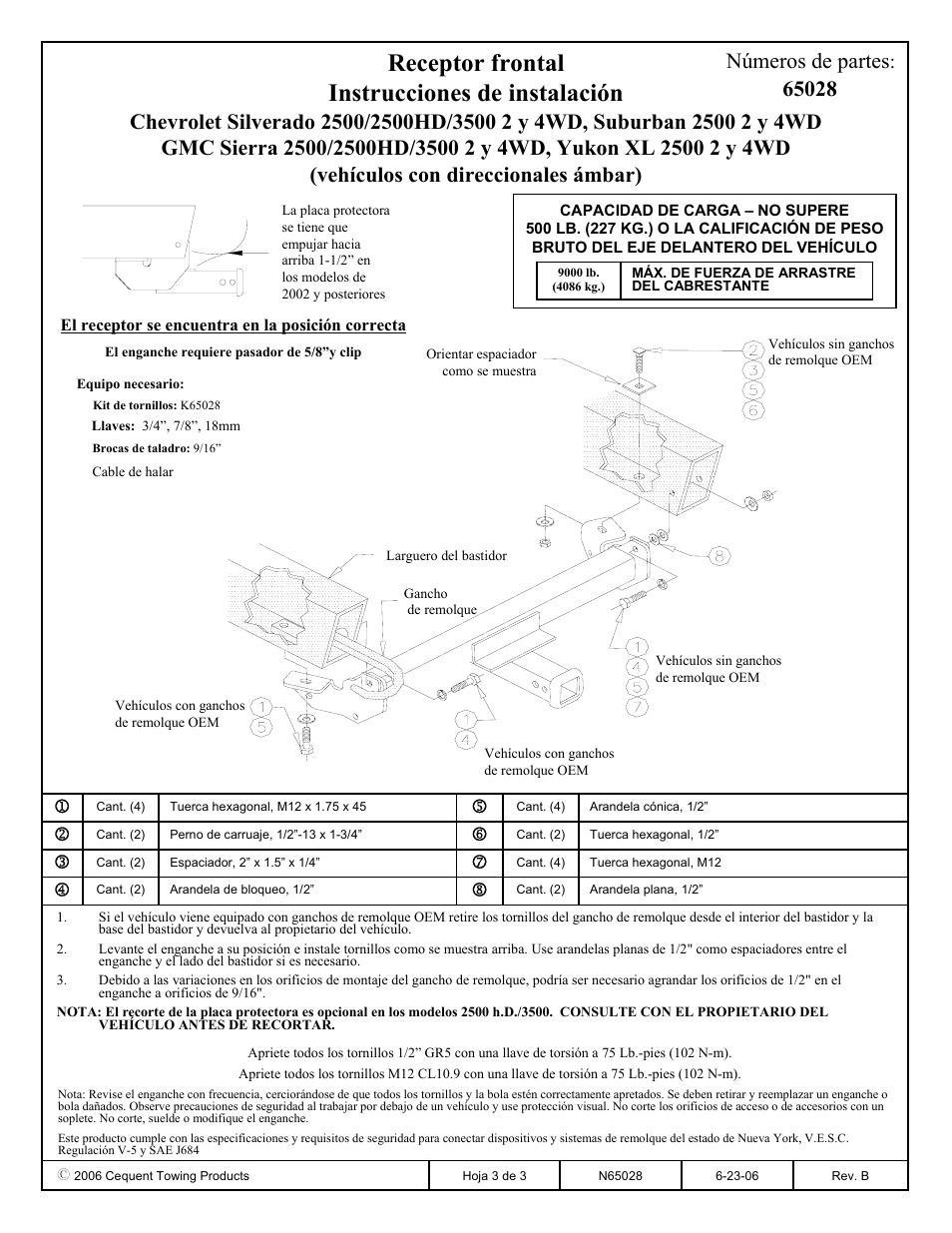 Receptor frontal instrucciones de instalación | Draw-Tite 65028 FRONT MOUNT RECEIVER User Manual | Page 3 / 3