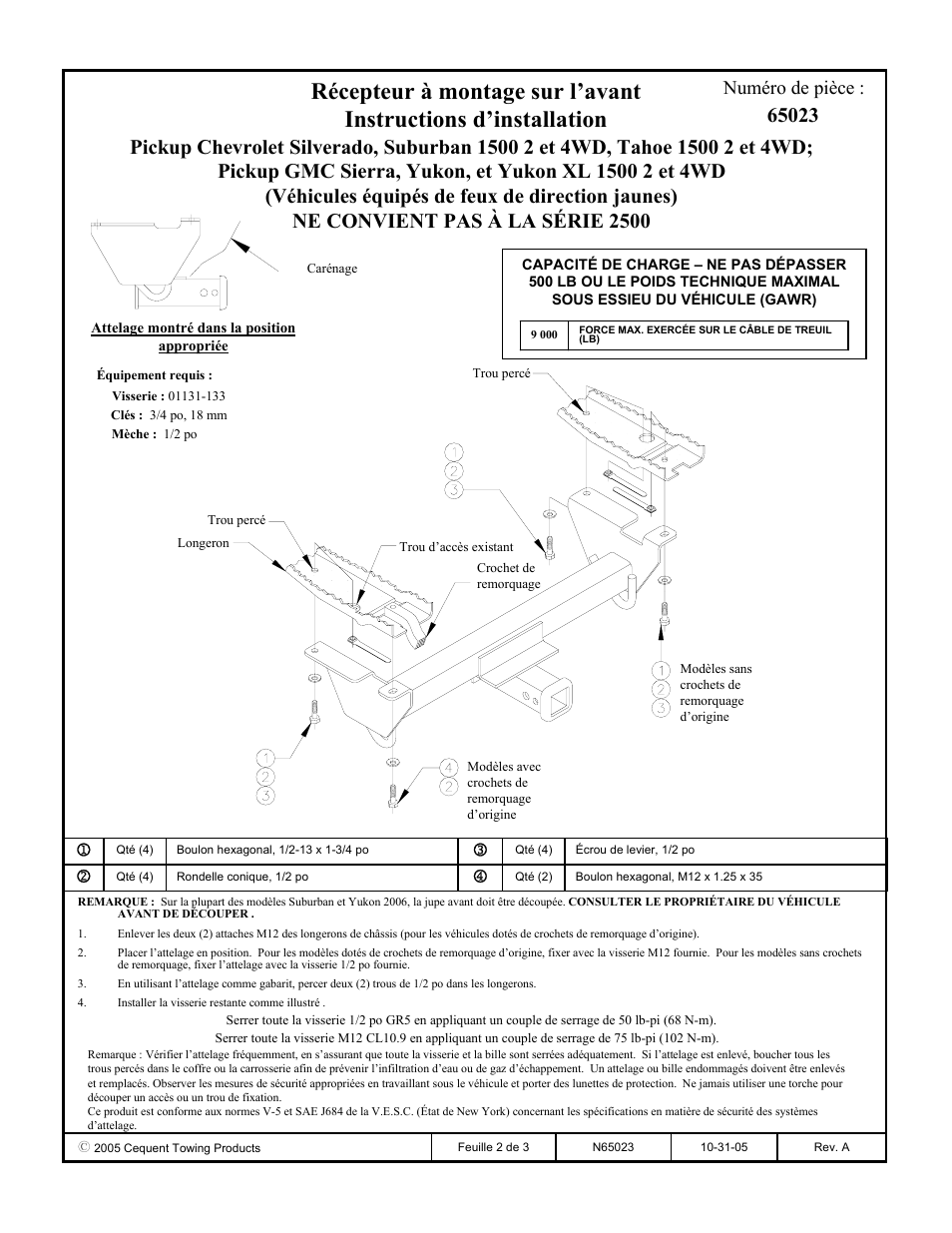 Numéro de pièce | Draw-Tite 65023 FRONT MOUNT RECEIVER User Manual | Page 2 / 3