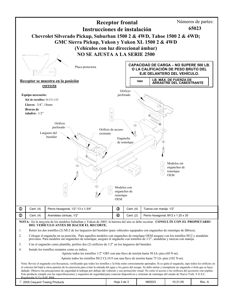 Receptor frontal instrucciones de instalación, Números de partes | Draw-Tite 65023 FRONT MOUNT RECEIVER User Manual | Page 3 / 3