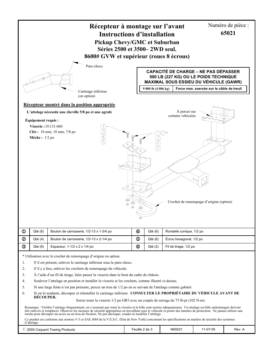 Numéro de pièce | Draw-Tite 65021 FRONT MOUNT RECEIVER User Manual | Page 2 / 3