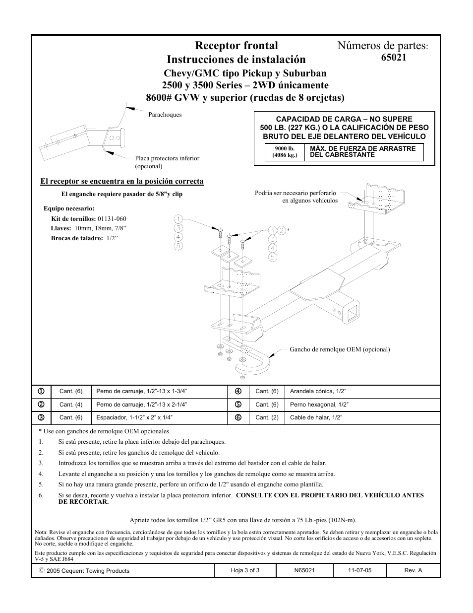 Receptor frontal instrucciones de instalación, Números de partes | Draw-Tite 65021 FRONT MOUNT RECEIVER User Manual | Page 3 / 3