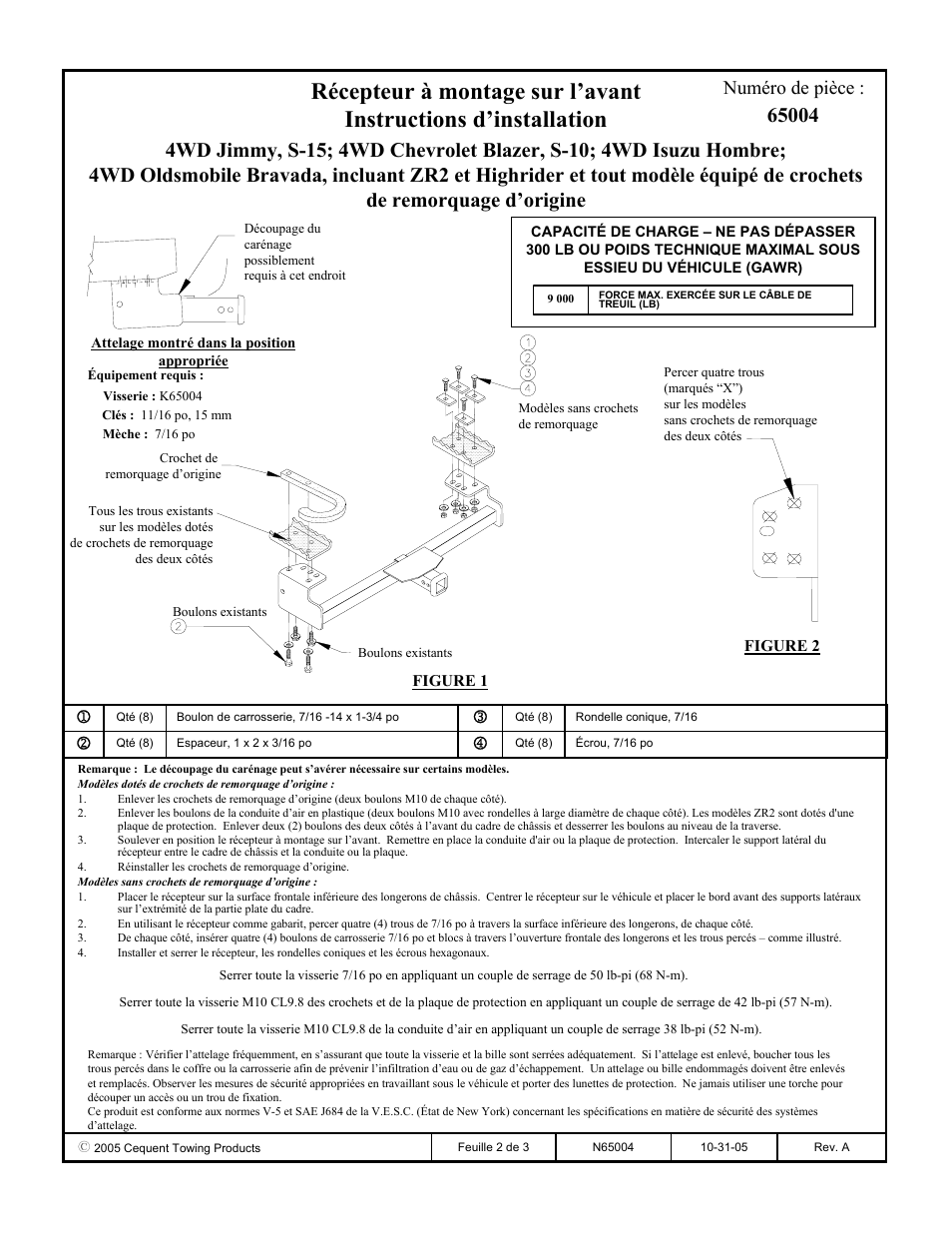 Numéro de pièce | Draw-Tite 65004 FRONT MOUNT RECEIVER User Manual | Page 2 / 3