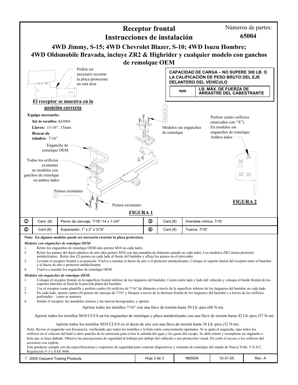 Receptor frontal instrucciones de instalación, Números de partes | Draw-Tite 65004 FRONT MOUNT RECEIVER User Manual | Page 3 / 3