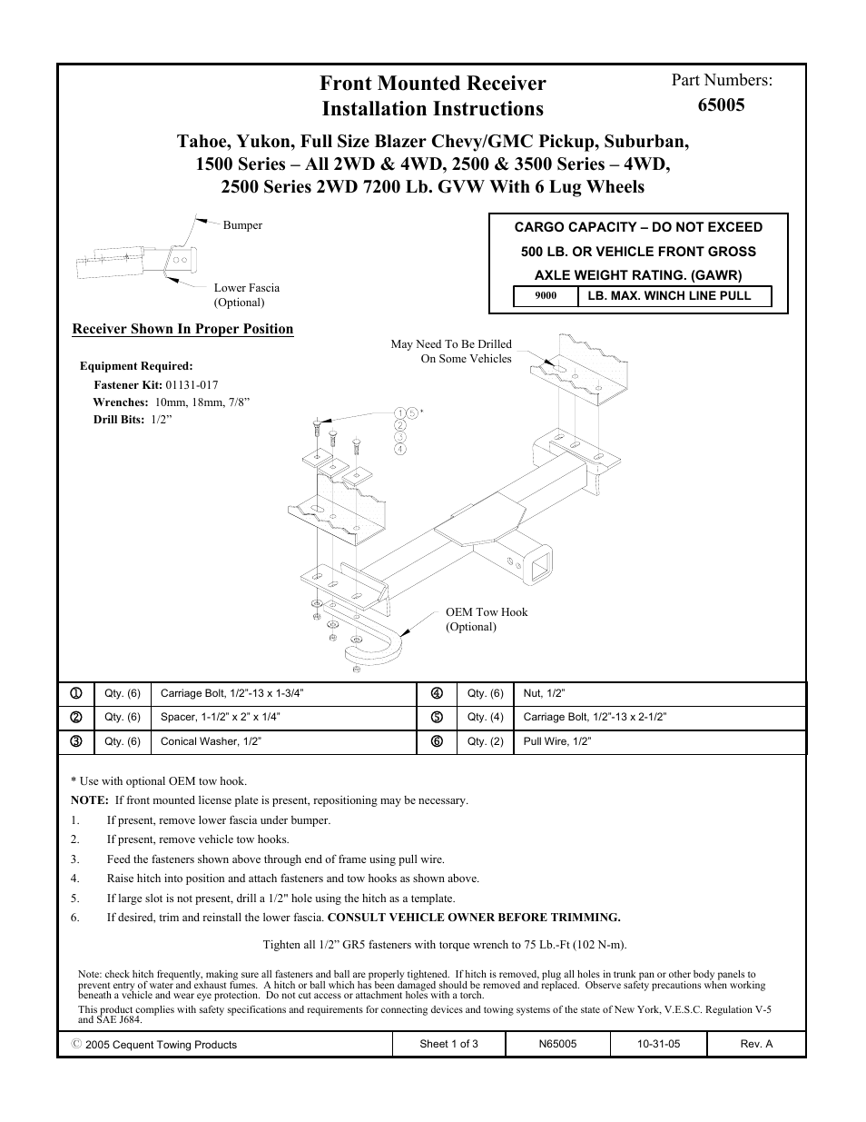 Draw-Tite 65005 FRONT MOUNT RECEIVER User Manual | 3 pages