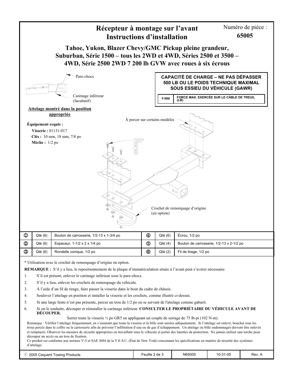 Numéro de pièce | Draw-Tite 65005 FRONT MOUNT RECEIVER User Manual | Page 2 / 3