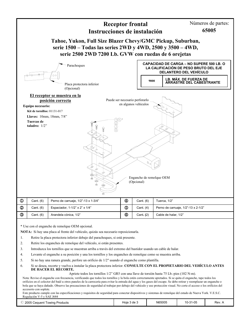 Receptor frontal instrucciones de instalación, Números de partes | Draw-Tite 65005 FRONT MOUNT RECEIVER User Manual | Page 3 / 3